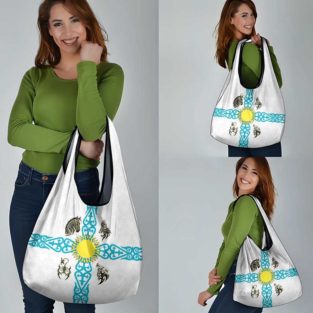 Kazakhstan National Symbols Grocery Bag with Tribal Animal Crest and Blue Ethnic Motif on White