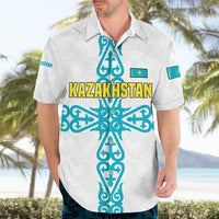 Kazakhstan National Symbols Hawaiian Shirt with Tribal Animal Crest and Blue Ethnic Motif on White