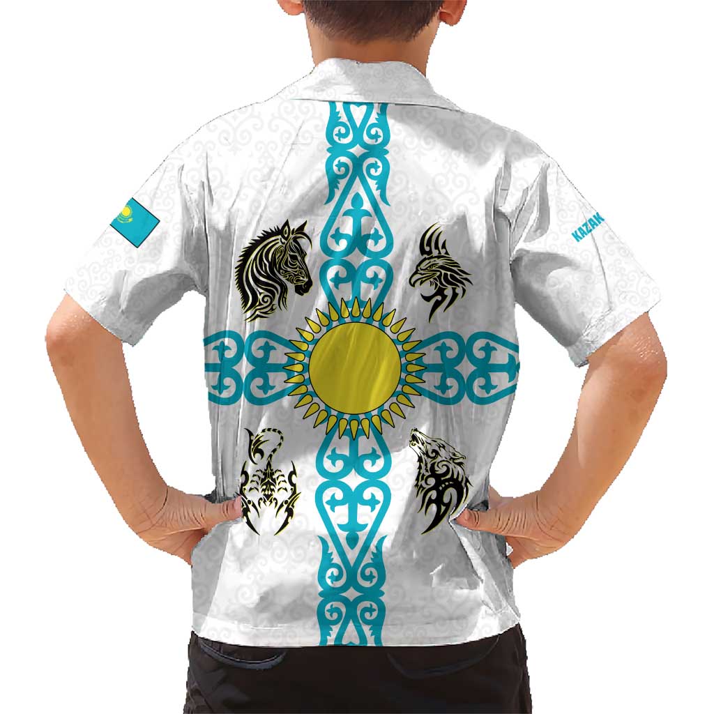 Kazakhstan National Symbols Hawaiian Shirt with Tribal Animal Crest and Blue Ethnic Motif on White