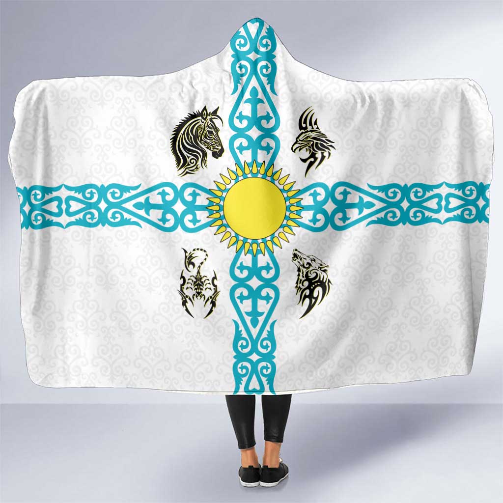 Kazakhstan National Symbols Hooded Blanket with Tribal Animal Crest and Blue Ethnic Motif on White