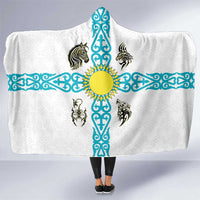 Kazakhstan National Symbols Hooded Blanket with Tribal Animal Crest and Blue Ethnic Motif on White