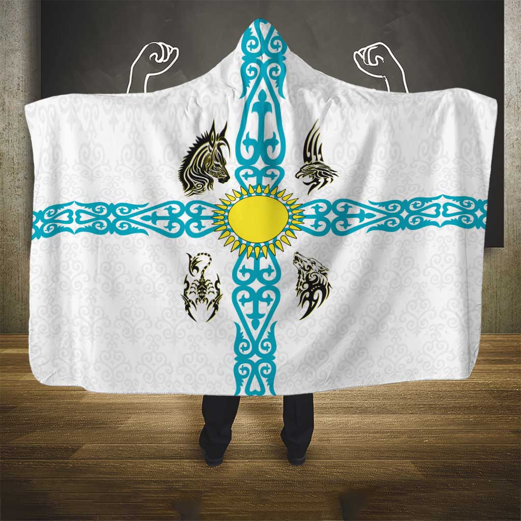 Kazakhstan National Symbols Hooded Blanket with Tribal Animal Crest and Blue Ethnic Motif on White