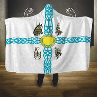 Kazakhstan National Symbols Hooded Blanket with Tribal Animal Crest and Blue Ethnic Motif on White