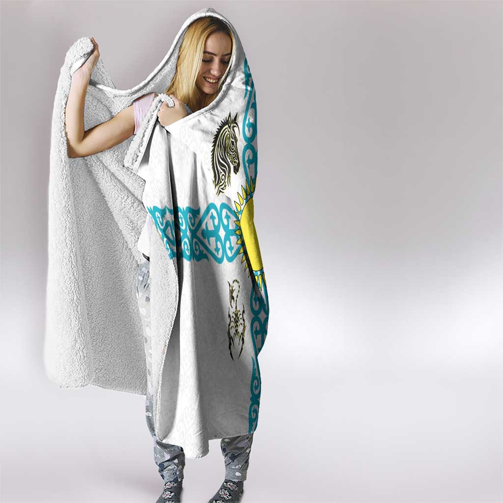 Kazakhstan National Symbols Hooded Blanket with Tribal Animal Crest and Blue Ethnic Motif on White
