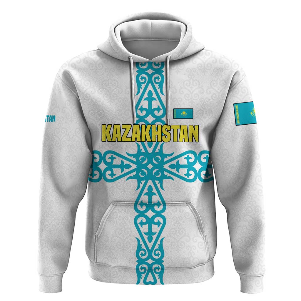 Kazakhstan National Symbols Hoodie with Tribal Animal Crest and Blue Ethnic Motif on White
