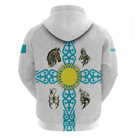 Kazakhstan National Symbols Hoodie with Tribal Animal Crest and Blue Ethnic Motif on White