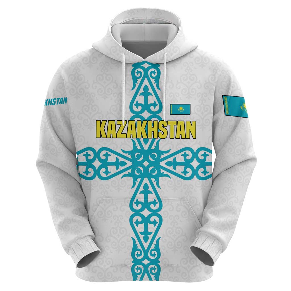 Kazakhstan National Symbols Hoodie with Tribal Animal Crest and Blue Ethnic Motif on White