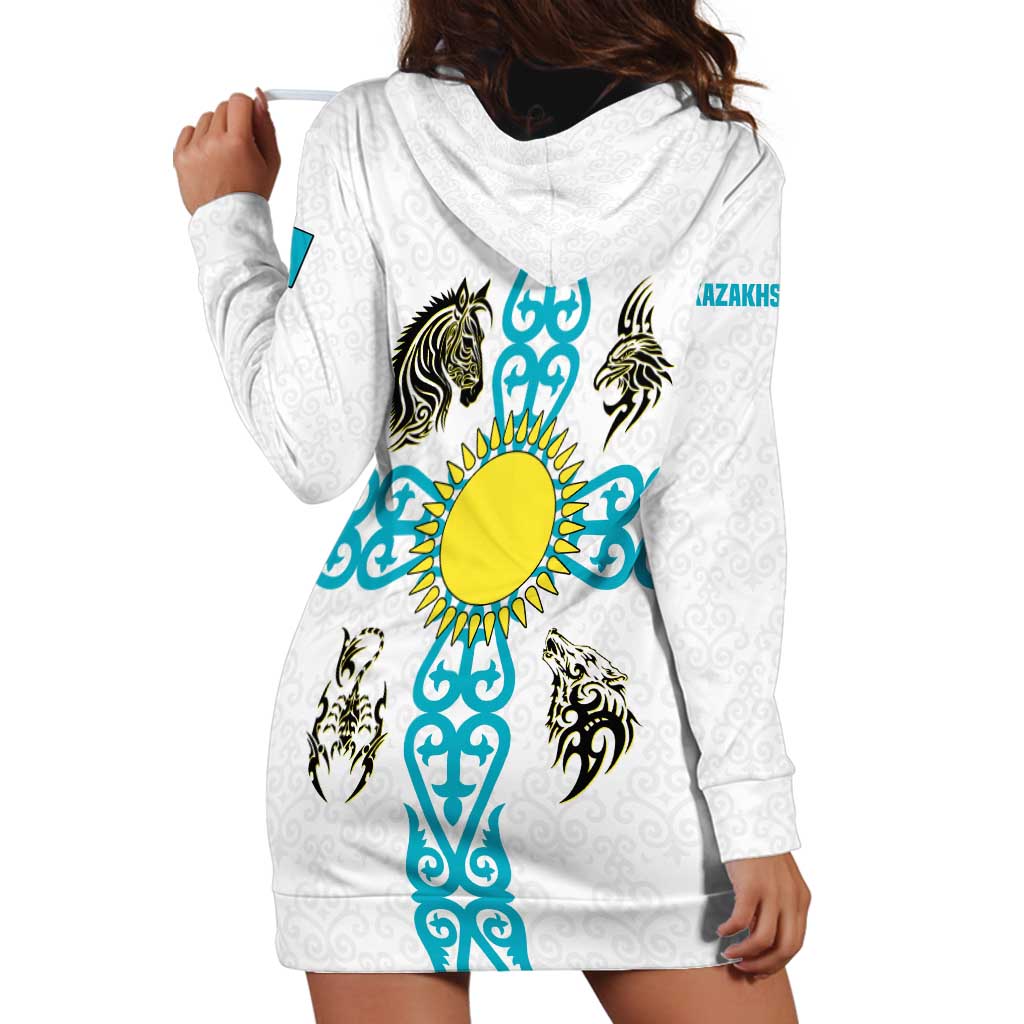 Kazakhstan National Symbols Hoodie Dress with Tribal Animal Crest and Blue Ethnic Motif on White