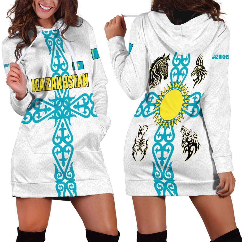 Kazakhstan National Symbols Hoodie Dress with Tribal Animal Crest and Blue Ethnic Motif on White