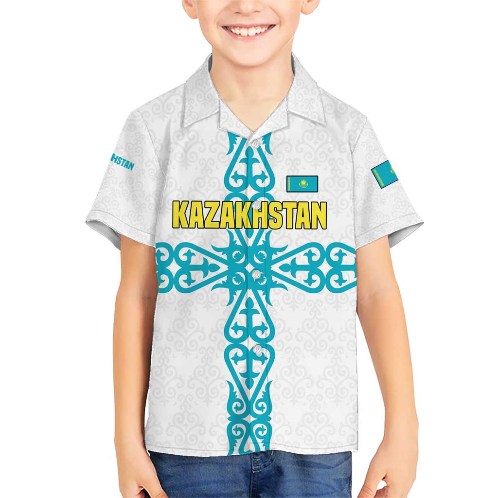 Kazakhstan National Symbols Kid Hawaiian Shirt with Tribal Animal Crest and Blue Ethnic Motif on White