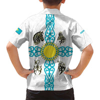 Kazakhstan National Symbols Kid Hawaiian Shirt with Tribal Animal Crest and Blue Ethnic Motif on White