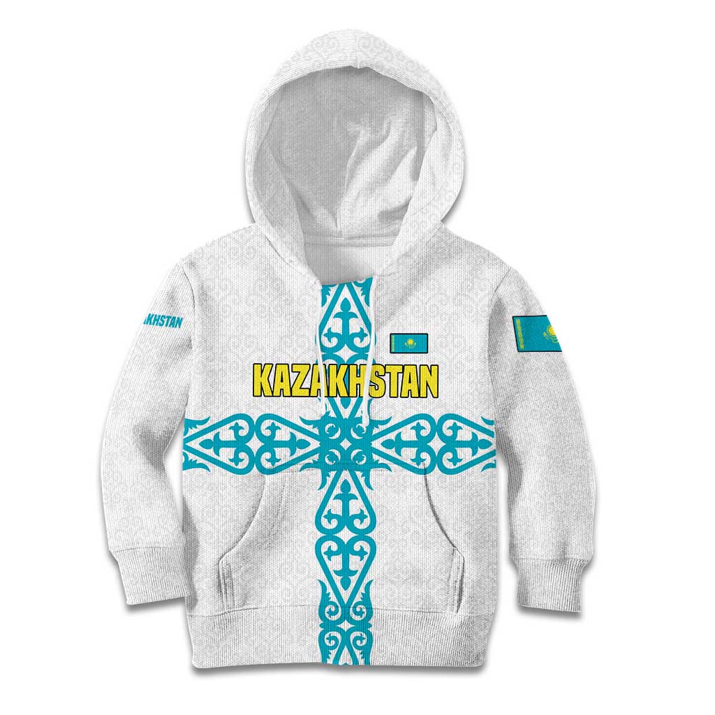 Kazakhstan National Symbols Kid Hoodie with Tribal Animal Crest and Blue Ethnic Motif on White