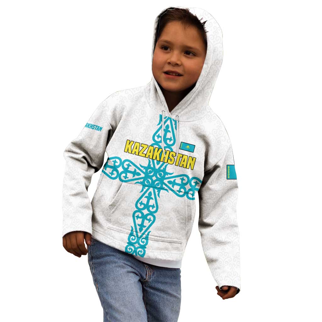 Kazakhstan National Symbols Kid Hoodie with Tribal Animal Crest and Blue Ethnic Motif on White