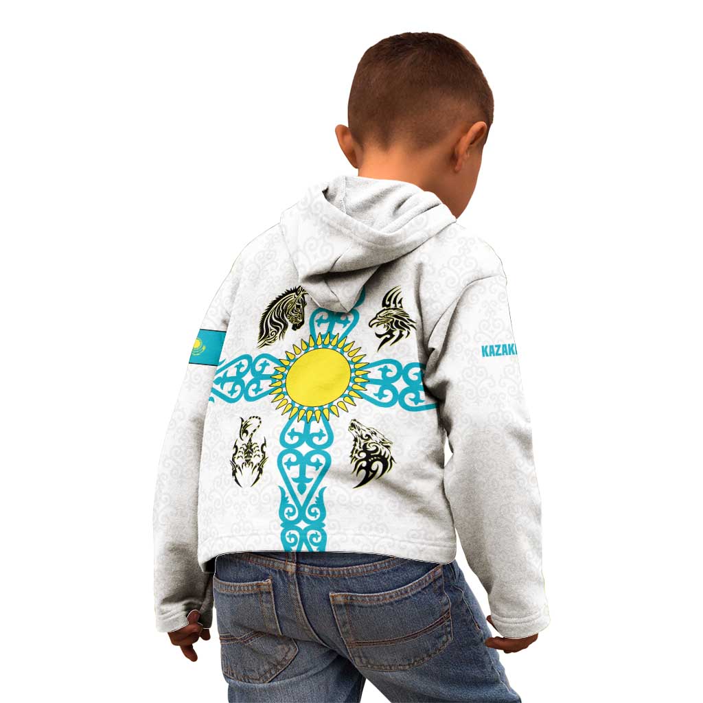 Kazakhstan National Symbols Kid Hoodie with Tribal Animal Crest and Blue Ethnic Motif on White