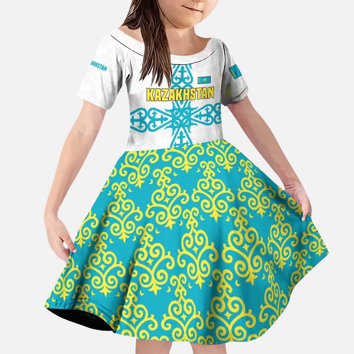 Kazakhstan National Symbols Kid Short Sleeve Dress with Tribal Animal Crest and Blue Ethnic Motif on White