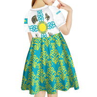 Kazakhstan National Symbols Kid Short Sleeve Dress with Tribal Animal Crest and Blue Ethnic Motif on White