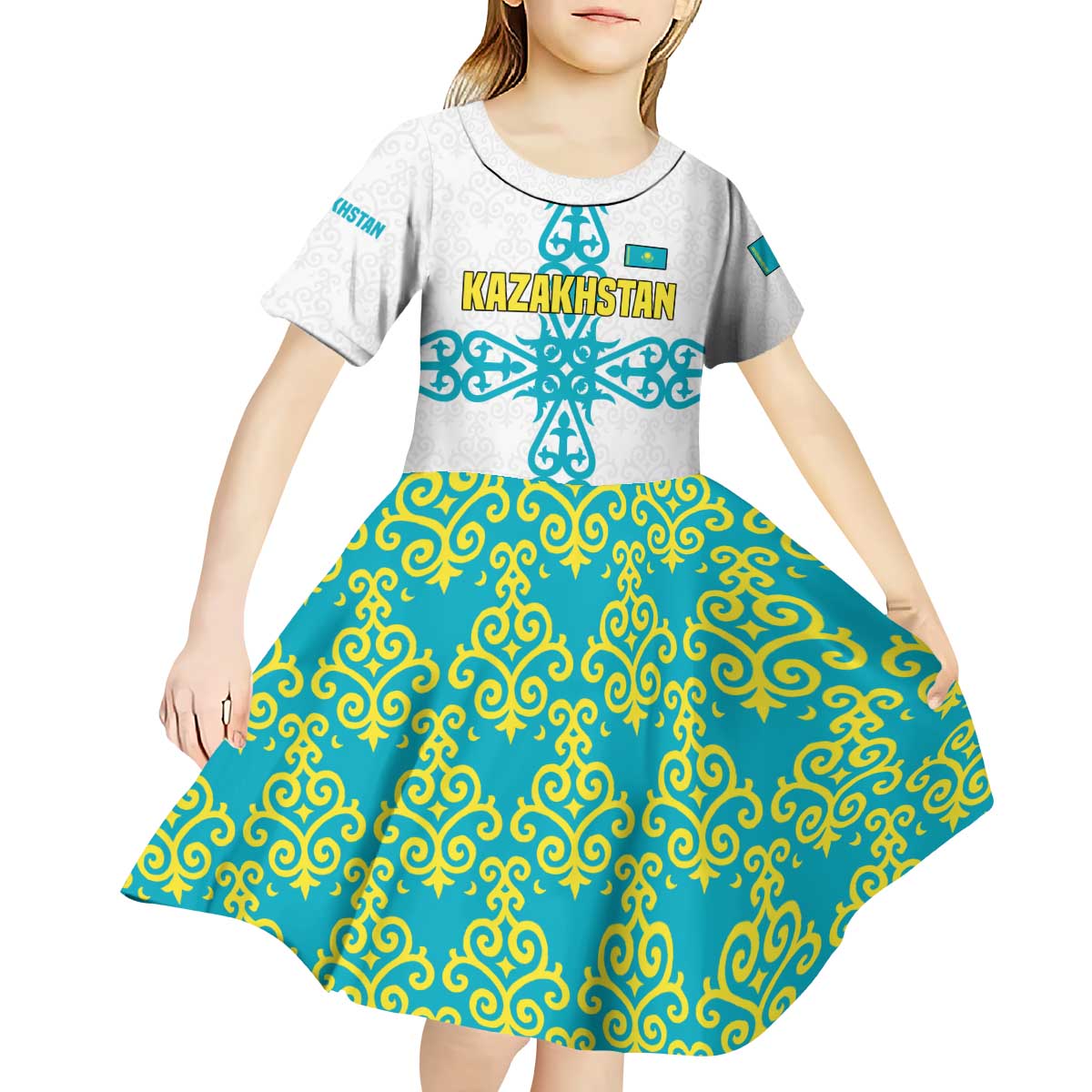 Kazakhstan National Symbols Kid Short Sleeve Dress with Tribal Animal Crest and Blue Ethnic Motif on White