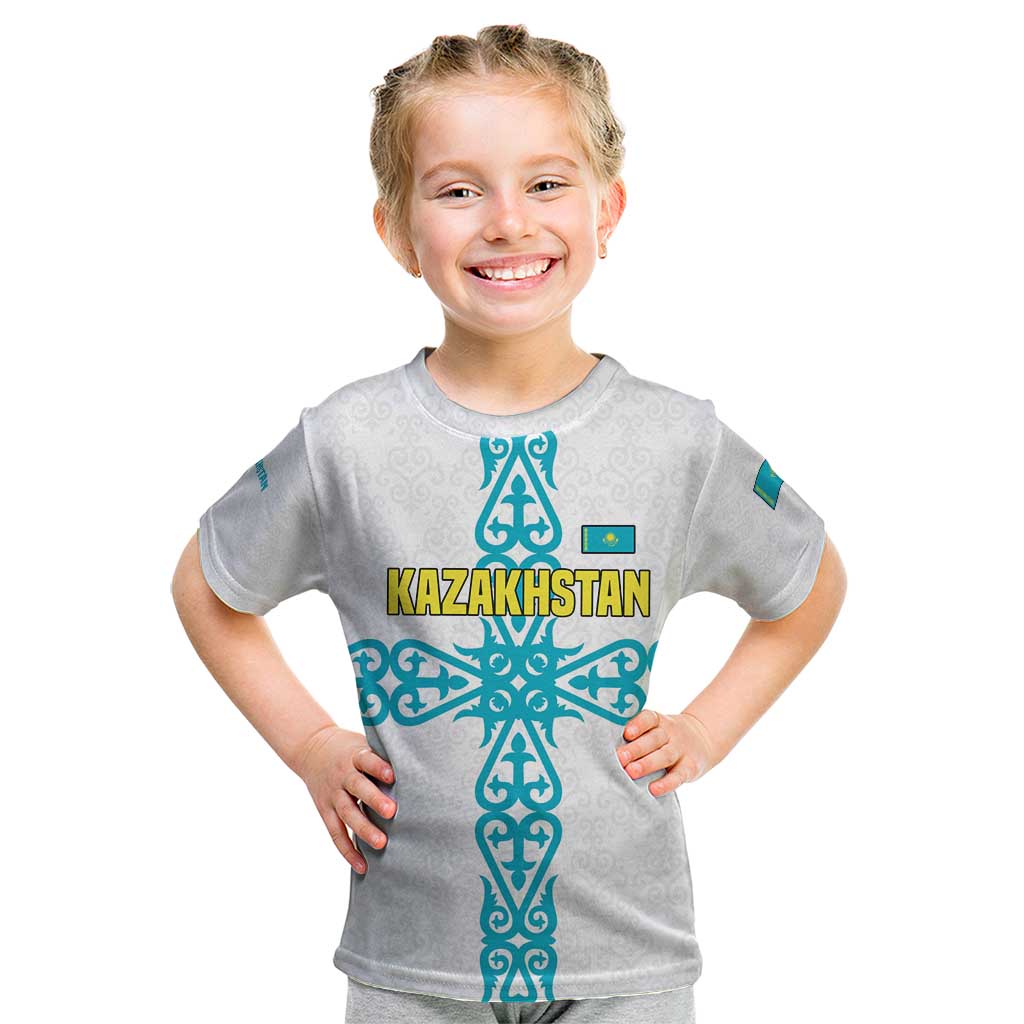 Kazakhstan National Symbols Kid T Shirt with Tribal Animal Crest and Blue Ethnic Motif on White