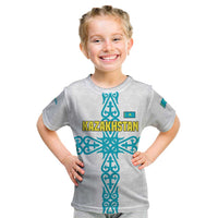 Kazakhstan National Symbols Kid T Shirt with Tribal Animal Crest and Blue Ethnic Motif on White