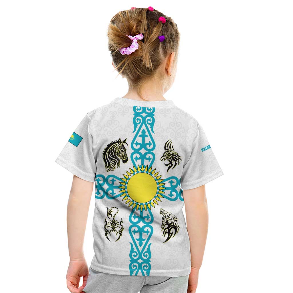 Kazakhstan National Symbols Kid T Shirt with Tribal Animal Crest and Blue Ethnic Motif on White
