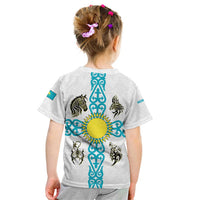 Kazakhstan National Symbols Kid T Shirt with Tribal Animal Crest and Blue Ethnic Motif on White