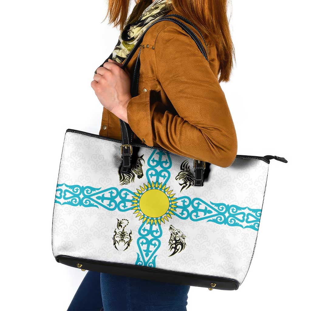 Kazakhstan National Symbols Leather Tote Bag with Tribal Animal Crest and Blue Ethnic Motif on White