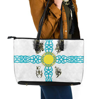 Kazakhstan National Symbols Leather Tote Bag with Tribal Animal Crest and Blue Ethnic Motif on White