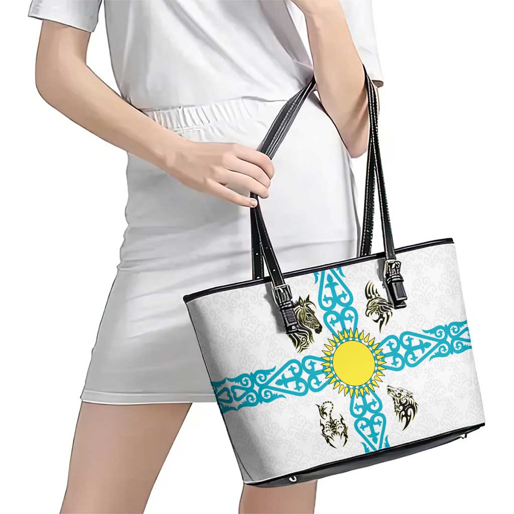 Kazakhstan National Symbols Leather Tote Bag with Tribal Animal Crest and Blue Ethnic Motif on White