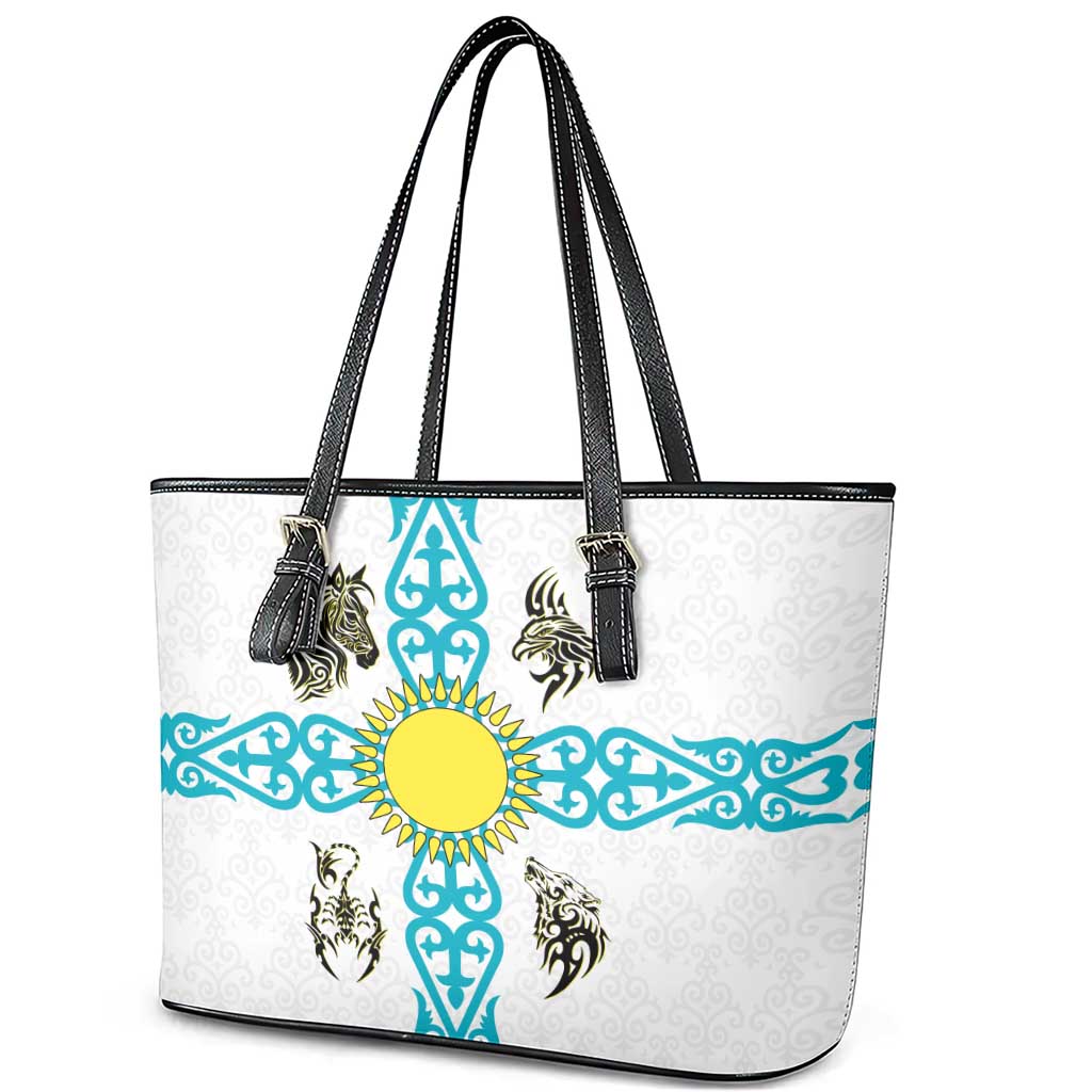 Kazakhstan National Symbols Leather Tote Bag with Tribal Animal Crest and Blue Ethnic Motif on White