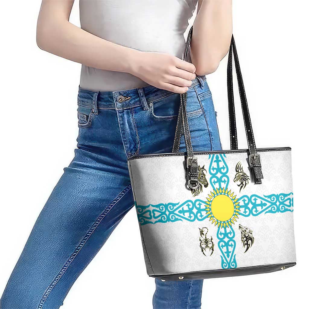 Kazakhstan National Symbols Leather Tote Bag with Tribal Animal Crest and Blue Ethnic Motif on White