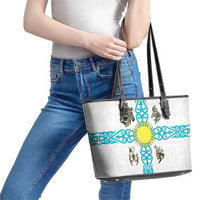Kazakhstan National Symbols Leather Tote Bag with Tribal Animal Crest and Blue Ethnic Motif on White