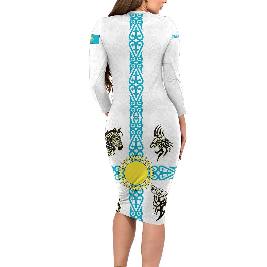 Kazakhstan National Symbols Long Sleeve Bodycon Dress with Tribal Animal Crest and Blue Ethnic Motif on White