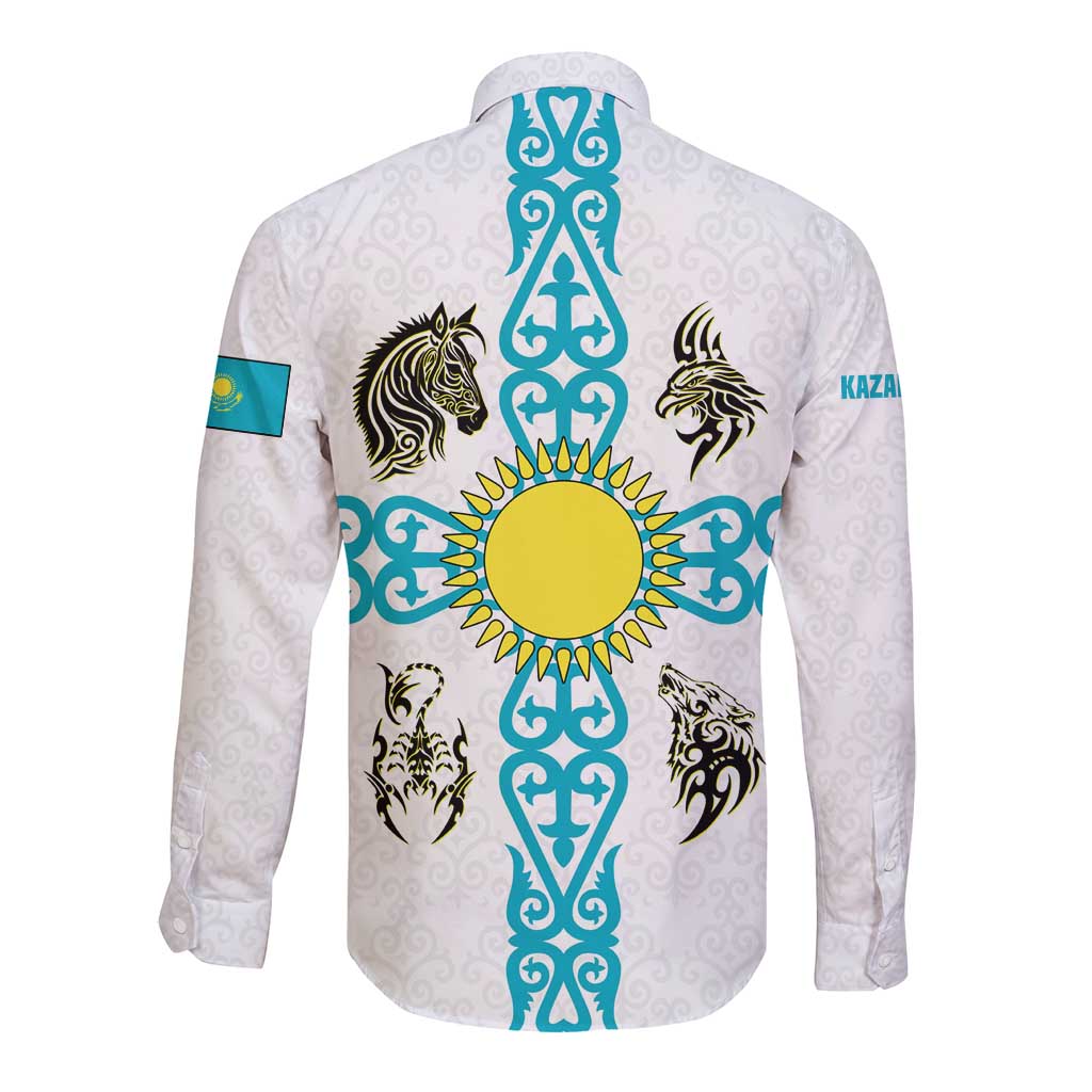 Kazakhstan National Symbols Long Sleeve Button Shirt with Tribal Animal Crest and Blue Ethnic Motif on White