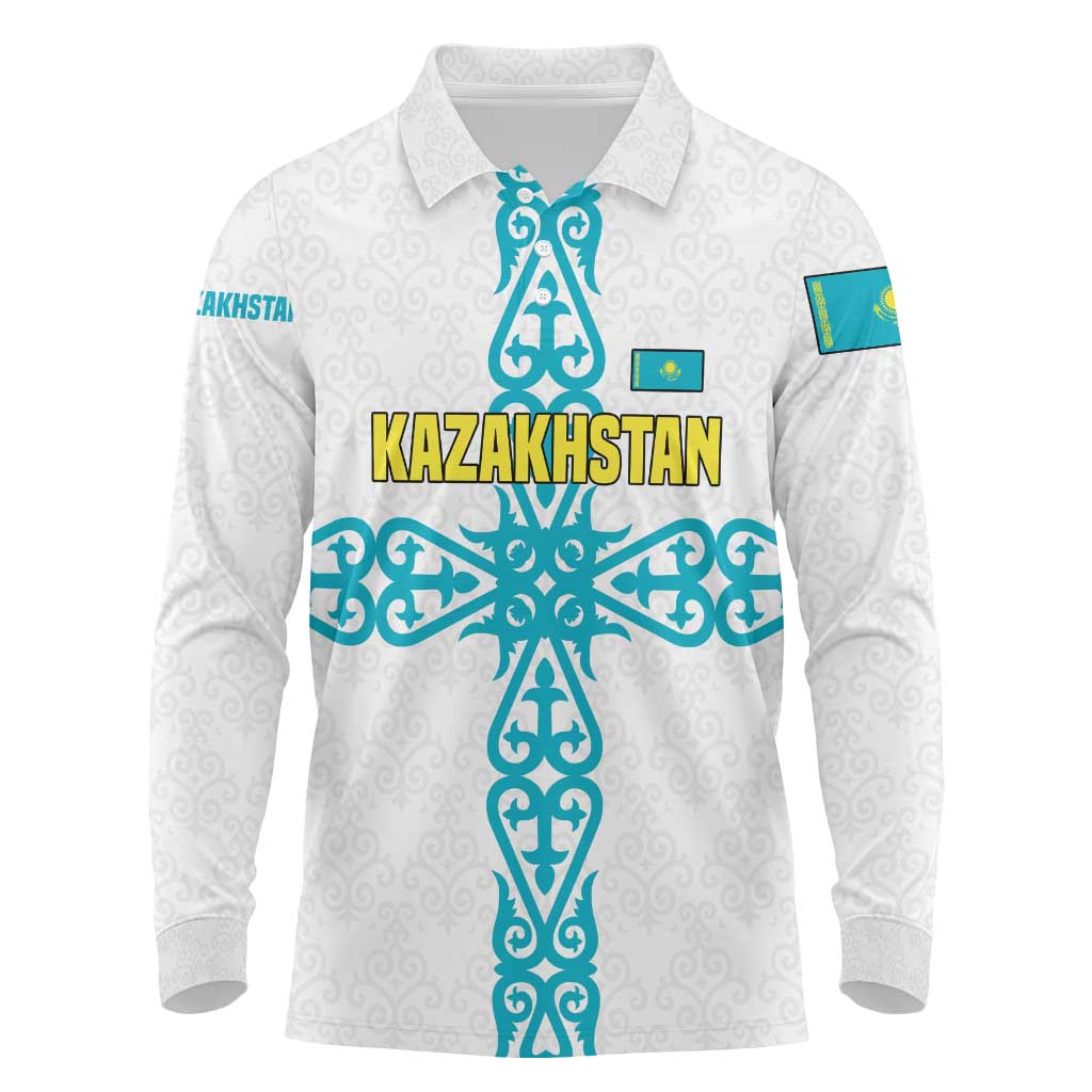 Kazakhstan National Symbols Long Sleeve Polo Shirt with Tribal Animal Crest and Blue Ethnic Motif on White