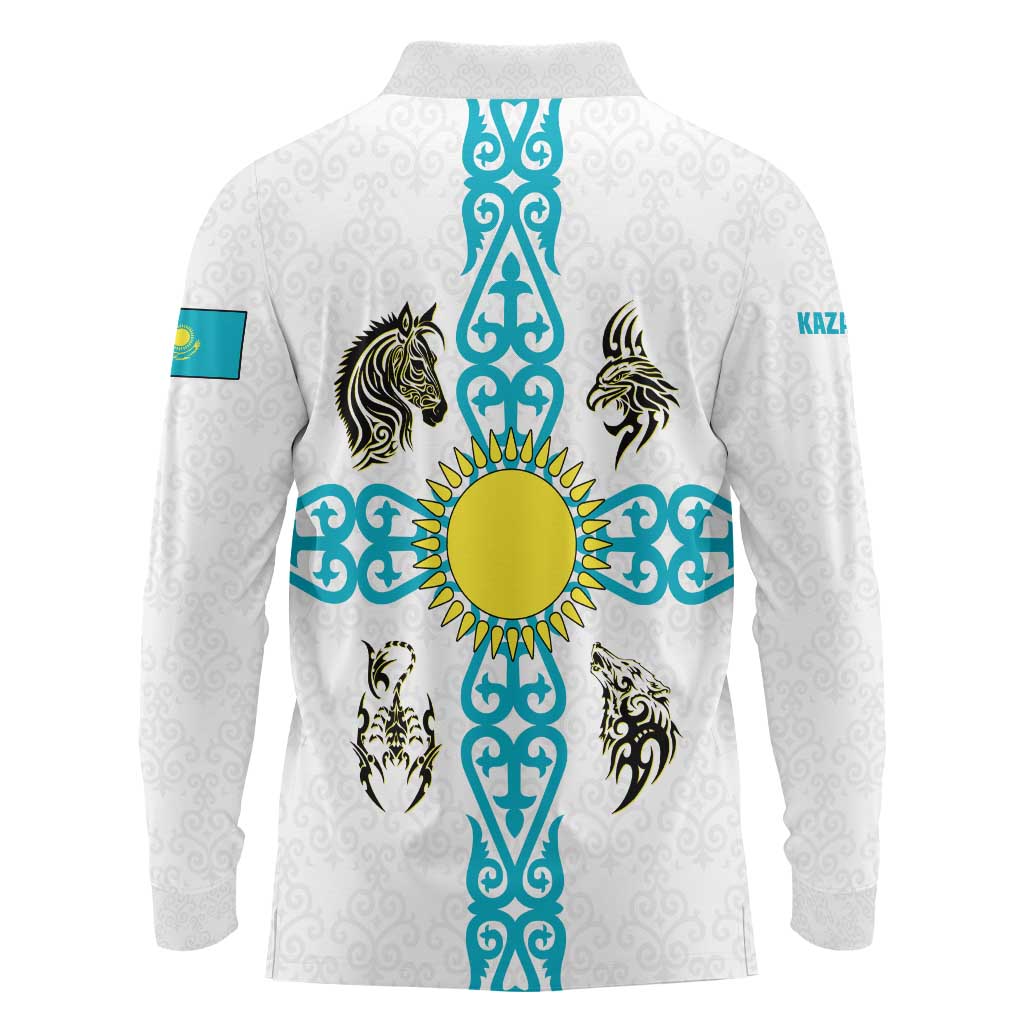 Kazakhstan National Symbols Long Sleeve Polo Shirt with Tribal Animal Crest and Blue Ethnic Motif on White