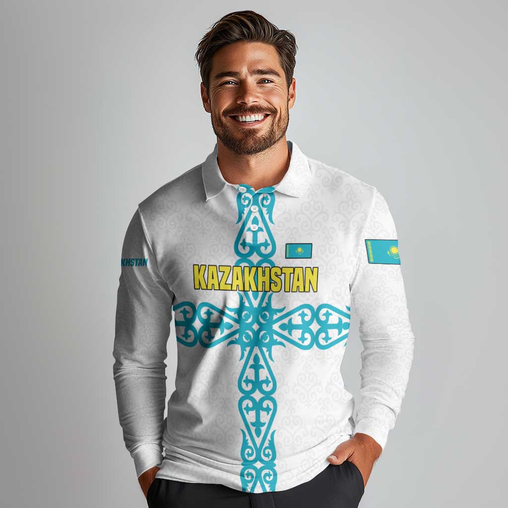 Kazakhstan National Symbols Long Sleeve Polo Shirt with Tribal Animal Crest and Blue Ethnic Motif on White
