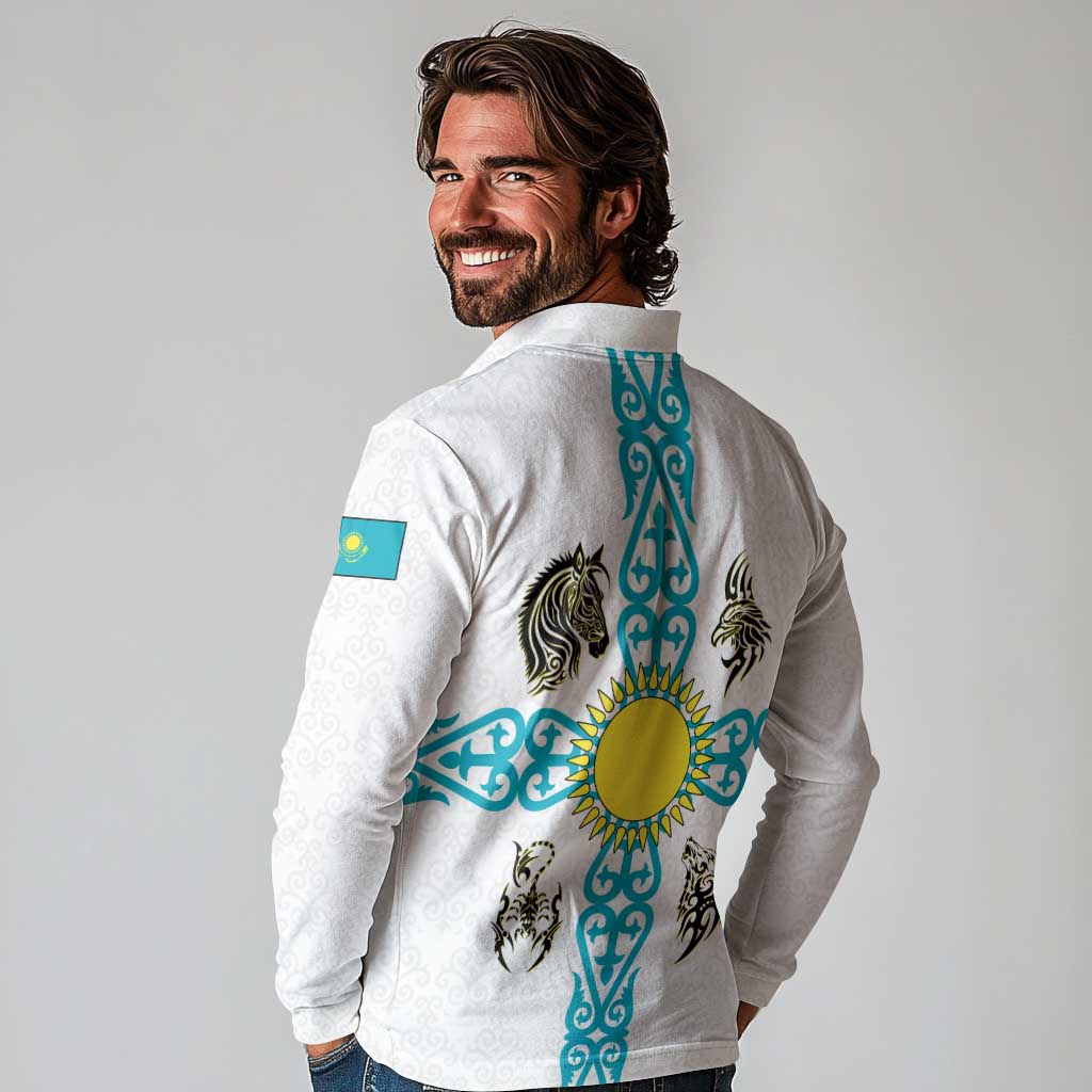 Kazakhstan National Symbols Long Sleeve Polo Shirt with Tribal Animal Crest and Blue Ethnic Motif on White