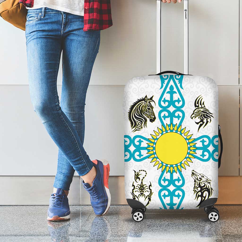 Kazakhstan National Symbols Luggage Cover with Tribal Animal Crest and Blue Ethnic Motif on White