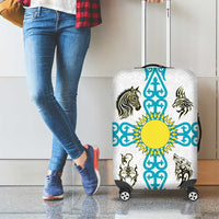 Kazakhstan National Symbols Luggage Cover with Tribal Animal Crest and Blue Ethnic Motif on White
