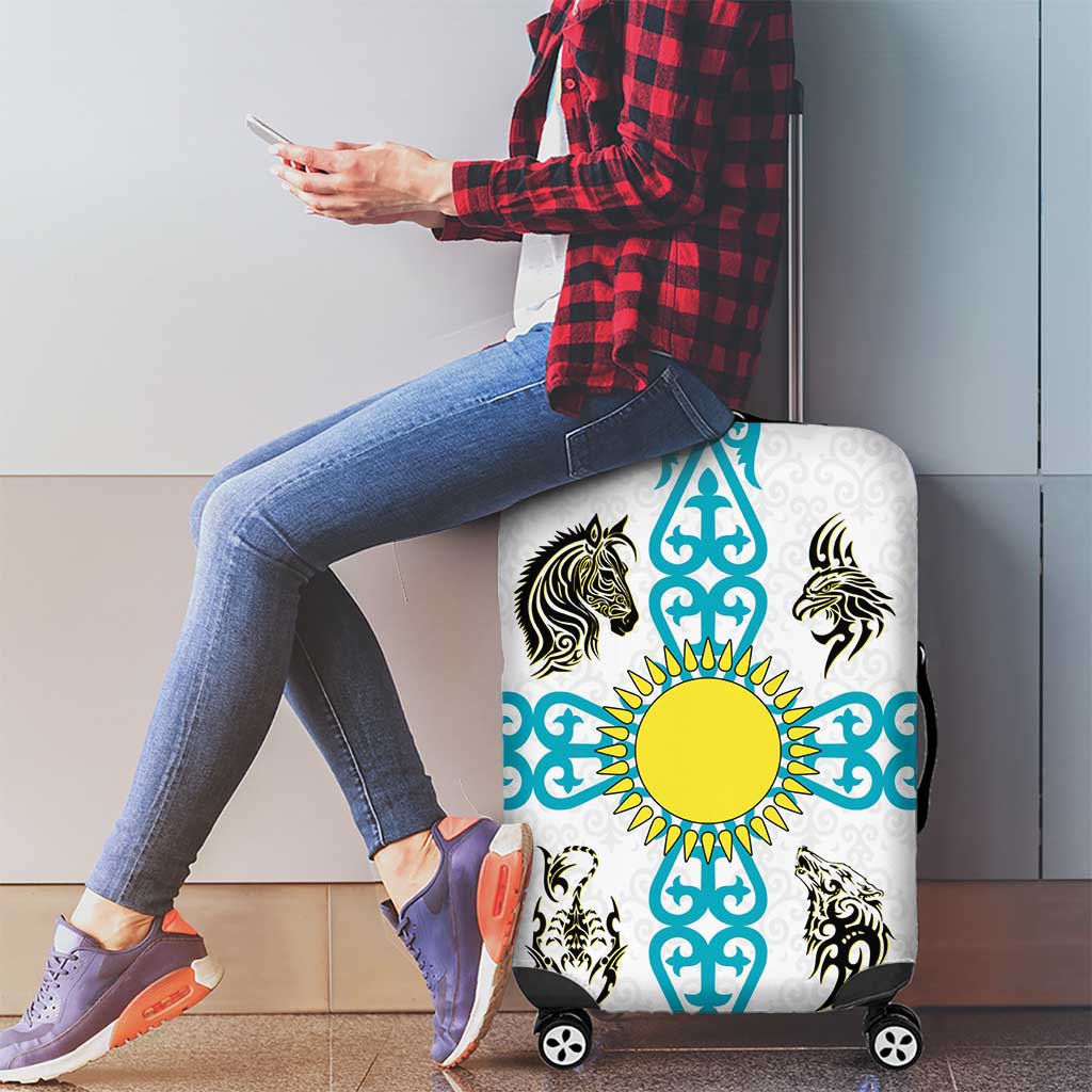 Kazakhstan National Symbols Luggage Cover with Tribal Animal Crest and Blue Ethnic Motif on White