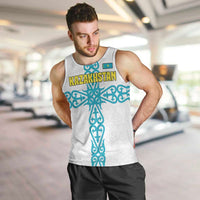 Kazakhstan National Symbols Men Tank Top with Tribal Animal Crest and Blue Ethnic Motif on White