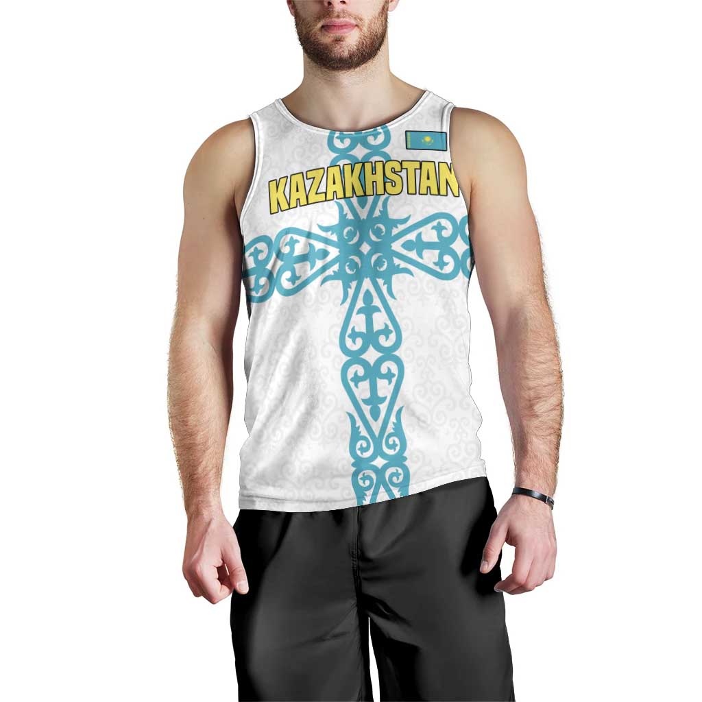 Kazakhstan National Symbols Men Tank Top with Tribal Animal Crest and Blue Ethnic Motif on White