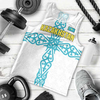 Kazakhstan National Symbols Men Tank Top with Tribal Animal Crest and Blue Ethnic Motif on White