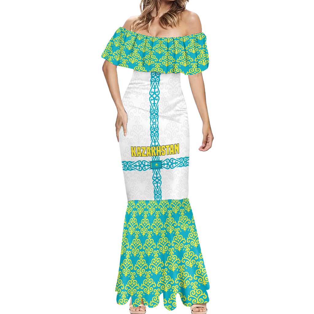Kazakhstan National Symbols Mermaid Dress with Tribal Animal Crest and Blue Ethnic Motif on White