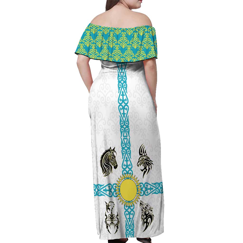 Kazakhstan National Symbols Off Shoulder Maxi Dress with Tribal Animal Crest and Blue Ethnic Motif on White