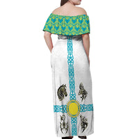 Kazakhstan National Symbols Off Shoulder Maxi Dress with Tribal Animal Crest and Blue Ethnic Motif on White
