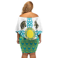 Kazakhstan National Symbols Off Shoulder Short Dress with Tribal Animal Crest and Blue Ethnic Motif on White
