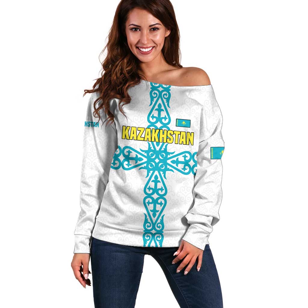 Kazakhstan National Symbols Off Shoulder Sweater with Tribal Animal Crest and Blue Ethnic Motif on White