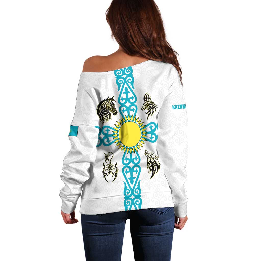 Kazakhstan National Symbols Off Shoulder Sweater with Tribal Animal Crest and Blue Ethnic Motif on White