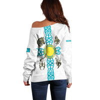 Kazakhstan National Symbols Off Shoulder Sweater with Tribal Animal Crest and Blue Ethnic Motif on White